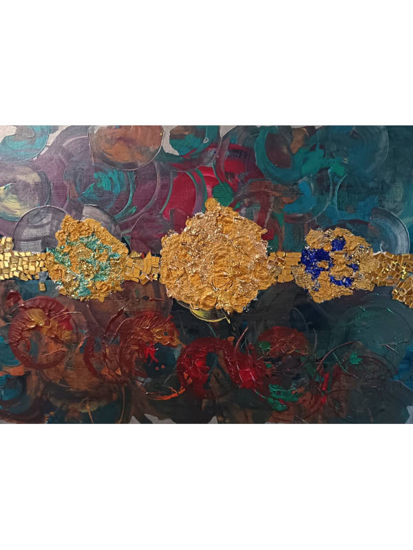 The Golden Act of Reparation” is an abstract art piece where textured gold and vivid colors symbolize healing. Broken fragments are reshaped into light, reflecting memory, resilience, and the dignity born from reparation