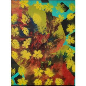 Abstract painting blending vivid turquoise, deep red, and earthy brown tones, overlaid with bright yellow leaves. The composition evokes the resilience of nature breathing life into parched soil — a poetic tribute to renewal, balance, and hope rising from dryness.