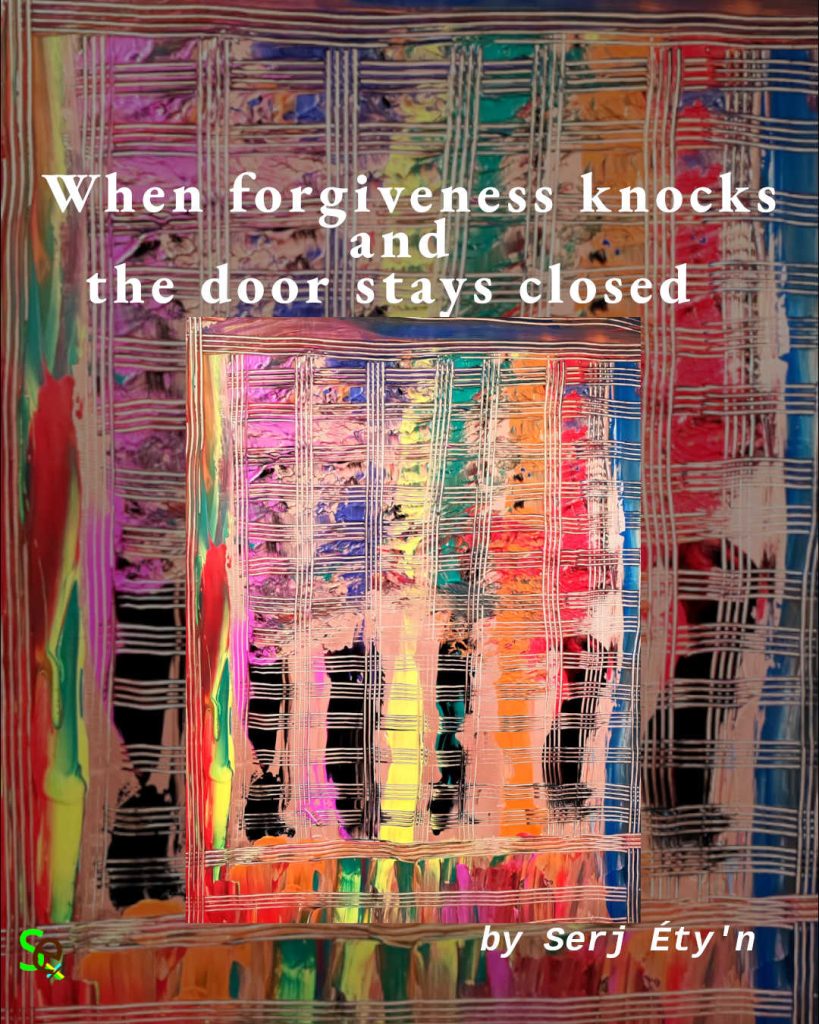 Abstract painting with interwoven vertical and horizontal white lines overlaying vibrant strokes of red, orange, yellow, pink, blue, and green. The grid-like structure evokes a closed doorway, symbolizing emotional barriers and the tension between light and shadow — a visual metaphor for forgiveness seeking entry while the heart remains guarded.