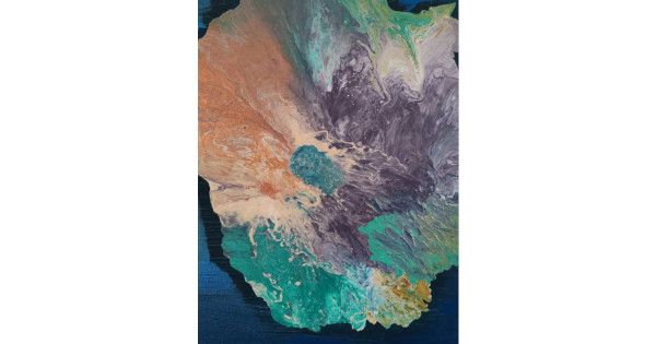 Abstract painting titled “ATOLL” featuring swirling ocean-like textures in turquoise, teal, purple, beige, and white. The colors blend in fluid motion, creating the impression of a natural atoll seen from above, with intricate wave patterns and organic shapes. Created by Serj Éty’n.