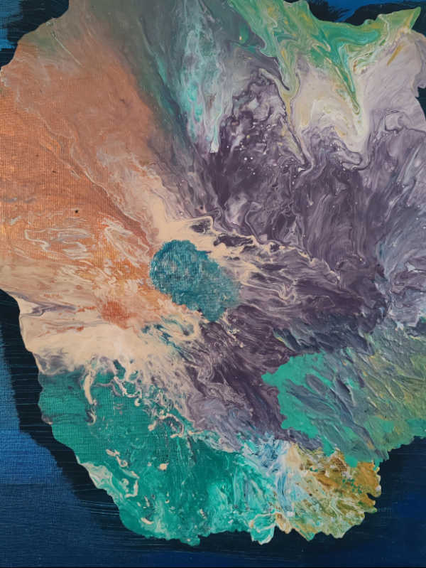 Abstract painting titled “ATOLL” featuring swirling ocean-like textures in turquoise, teal, purple, beige, and white. The colors blend in fluid motion, creating the impression of a natural atoll seen from above, with intricate wave patterns and organic shapes. Created by Serj Éty’n.