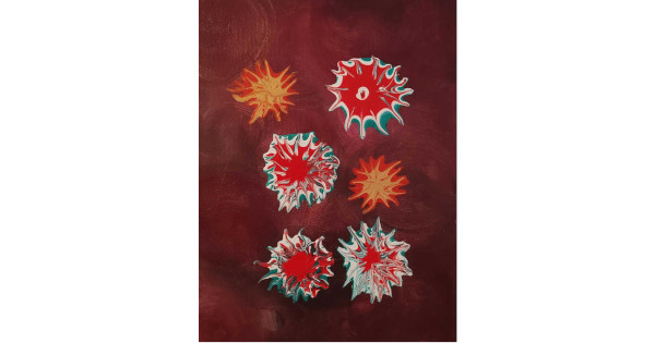 Shards of Memory Abstract painting featuring six starburst-like shapes on a deep burgundy background. Four bursts are red mixed with white and turquoise, creating swirling, spiked patterns, while two are orange-yellow with softer radiating edges. The composition is arranged vertically, giving the impression of floating organic forms. Created by Serj Éty’n.