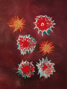 Shards of Memory Abstract painting featuring six starburst-like shapes on a deep burgundy background. Four bursts are red mixed with white and turquoise, creating swirling, spiked patterns, while two are orange-yellow with softer radiating edges. The composition is arranged vertically, giving the impression of floating organic forms. Created by Serj Éty’n.