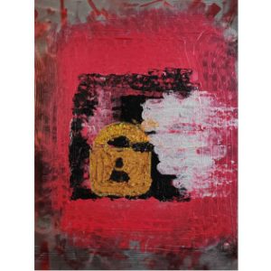 Abstract painting titled “Custody as Color: Black Folk.” by Serj Éty'n. A golden padlock with glitter texture stands at the center of a black square, surrounded by layered brushstrokes of deep red, white, and dark tones.