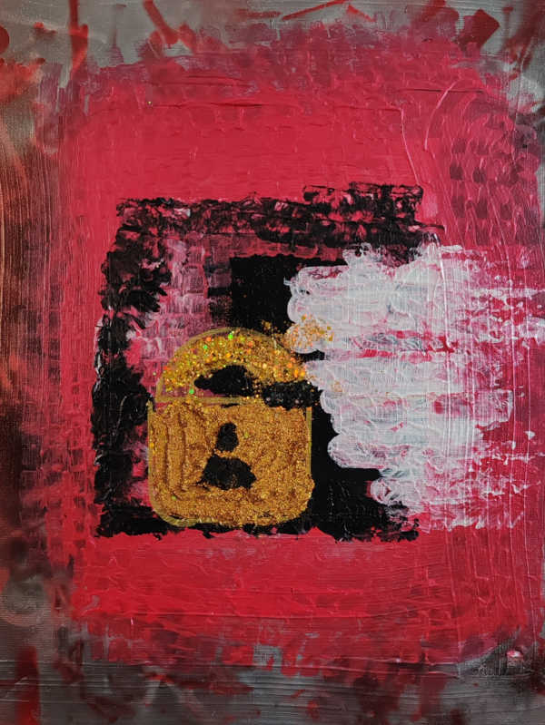 Abstract painting titled “Custody as Color: Black Folk.” by Serj Éty'n. A golden padlock with glitter texture stands at the center of a black square, surrounded by layered brushstrokes of deep red, white, and dark tones.