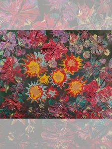 Abstract digital painting featuring a dense constellation of vibrant star-burst shapes. The background is filled with layered red, purple, and teal floral-like explosions, while the center highlights bright yellow, orange, and turquoise spiked sunbursts. The composition blends sharp geometric edges with painterly textures, creating an energetic, chaotic, and luminous visual field. Artwork created by Serj Éty’n