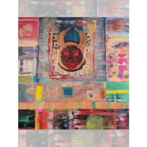 Selfish Pride Abstract cubist style painting titled “Selfish Pride” featuring a central bull-like face with curved horns rendered in dark brown and red tones. The face appears surrounded by geometric blocks and layered brushstrokes in vivid colors turquoise, pink, orange, and yellow. Around it, fragmented rectangular patterns and textures evoke a sense of tension and chaos, symbolizing dominance and ego amid vibrant, broken harmony by Serj Éty'n