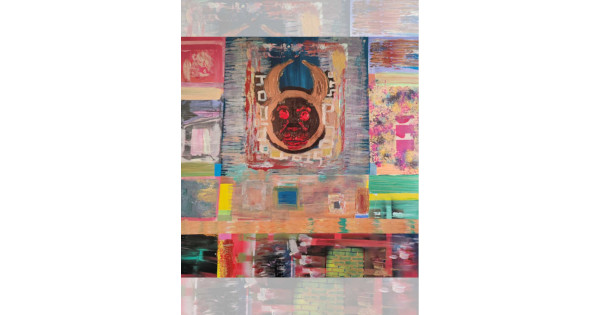 Selfish Pride Abstract cubist style painting titled “Selfish Pride” featuring a central bull-like face with curved horns rendered in dark brown and red tones. The face appears surrounded by geometric blocks and layered brushstrokes in vivid colors turquoise, pink, orange, and yellow. Around it, fragmented rectangular patterns and textures evoke a sense of tension and chaos, symbolizing dominance and ego amid vibrant, broken harmony by Serj Éty'n