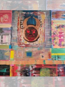 Selfish Pride Abstract cubist style painting titled “Selfish Pride” featuring a central bull-like face with curved horns rendered in dark brown and red tones. The face appears surrounded by geometric blocks and layered brushstrokes in vivid colors turquoise, pink, orange, and yellow. Around it, fragmented rectangular patterns and textures evoke a sense of tension and chaos, symbolizing dominance and ego amid vibrant, broken harmony by Serj Éty'n 