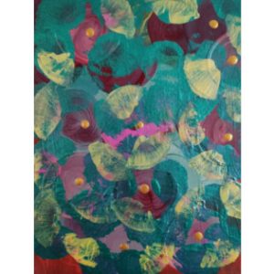 Abstract painting by Serj Éty’n featuring layered teal, magenta, and yellow circular strokes with soft translucent leaf-like textures and small gold dots. The composition creates a smooth, colorful, swirling movement. Abstract painting by Serj Éty’n featuring layered teal, magenta, and yellow circular strokes with soft translucent leaf-like textures and small gold dots. The Smooth Amazing Grace composition creates a smooth, colorful, swirling movement.