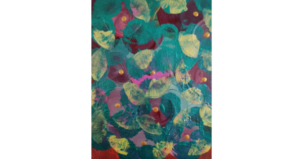 Abstract painting by Serj Éty’n featuring layered teal, magenta, and yellow circular strokes with soft translucent leaf-like textures and small gold dots. The composition creates a smooth, colorful, swirling movement. Abstract painting by Serj Éty’n featuring layered teal, magenta, and yellow circular strokes with soft translucent leaf-like textures and small gold dots. The Smooth Amazing Grace composition creates a smooth, colorful, swirling movement.