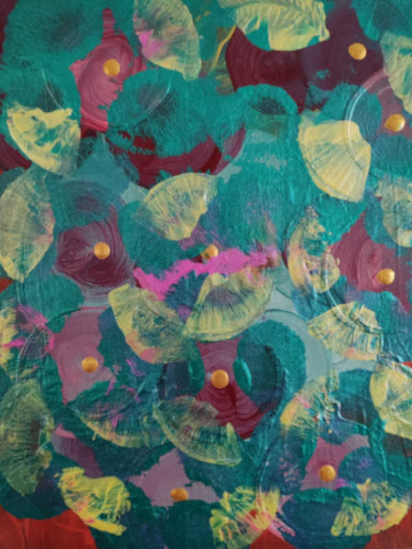Abstract painting by Serj Éty’n featuring layered teal, magenta, and yellow circular strokes with soft translucent leaf-like textures and small gold dots. The composition creates a smooth, colorful, swirling movement. Abstract painting by Serj Éty’n featuring layered teal, magenta, and yellow circular strokes with soft translucent leaf-like textures and small gold dots. The Smooth Amazing Grace composition creates a smooth, colorful, swirling movement.