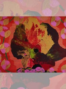the crouwn on Serenidad Abstract painting dominated by a large, crown-like organic form in deep red, gold, black, and green, centered on a textured warm coral background. Surrounding the central shape are stylized floral elements with pink and gold petals connected by green stems. The composition evokes a regal, radiant presence with layered colors and flowing textures. Created by Serj Éty’n.