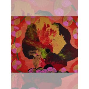 the crouwn on Serenidad Abstract painting dominated by a large, crown-like organic form in deep red, gold, black, and green, centered on a textured warm coral background. Surrounding the central shape are stylized floral elements with pink and gold petals connected by green stems. The composition evokes a regal, radiant presence with layered colors and flowing textures. Created by Serj Éty’n.