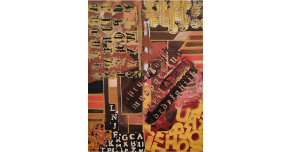 Unwritten proof is an Abstract painting with layered alphabets, gold and red brushstrokes, and mixed typographic patterns. Letters in black, yellow, and white overlap on a textured brown and red background, symbolizing fragmented language and historical memory by Serj Éty'n Unwritten proof is an Abstract painting with layered alphabets, gold and red brushstrokes, and mixed typographic patterns. Letters in black, yellow, and white overlap on a textured brown and red background, symbolizing fragmented language and historical memory by Serj Éty'n