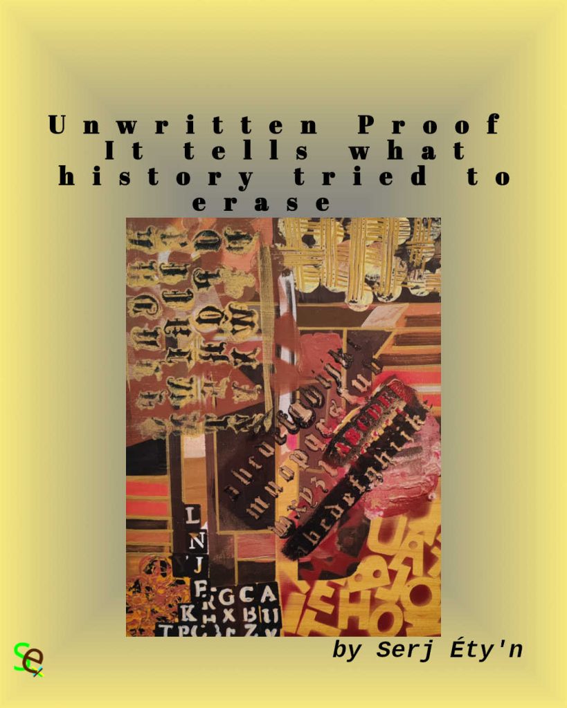 Digital artwork featuring an abstract painting by Serj Éty’n accompanied by an inspirational quote. The visual combines expressive textures, vivid colors, and symbolic forms, reflecting themes of resilience, identity, nature, and spiritual strength. The design includes the artist’s signature and text integrated into the composition.