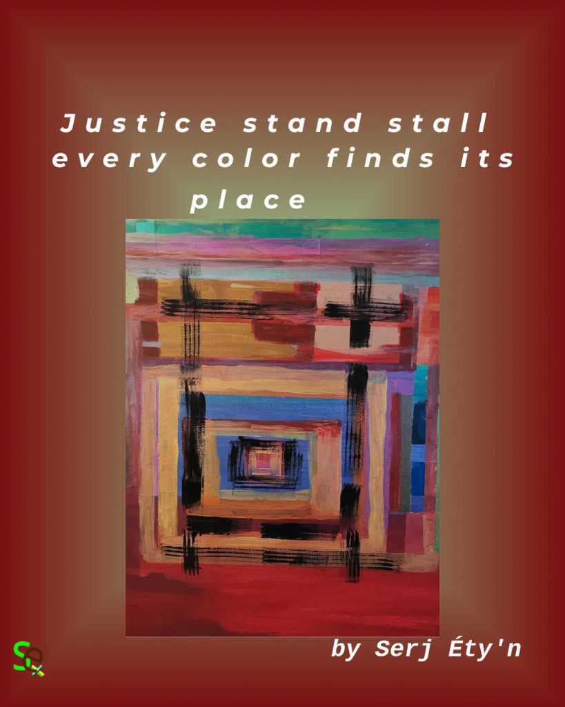 Digital artwork featuring an abstract painting by Serj Éty’n accompanied by an inspirational quote. The visual combines expressive textures, vivid colors, and symbolic forms, reflecting themes of resilience, identity, nature, and spiritual strength. The design includes the artist’s signature and text integrated into the composition.
