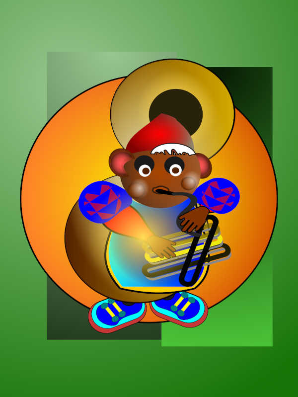 Digital Afro-Cubist illustration of a small musician figure playing a brass instrument, with a red cap, expressive round eyes, geometric blue sleeves, and colorful sneakers. The character sits inside warm circular gradients of orange and brown against a green background. The artwork blends playful symbolism, music, and vibrant African-influenced abstract shapes. Created by Serj Éty’n.