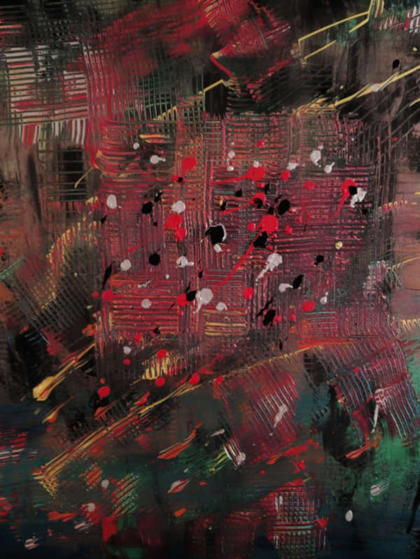“Shipwrecked of Modern Times”, featuring chaotic red, black, white, and earthy textures layered with scratched grids and explosive brushstrokes, symbolizing human disorientation, social collapse, and survival in contemporary society. Created by Serj Éty'n.