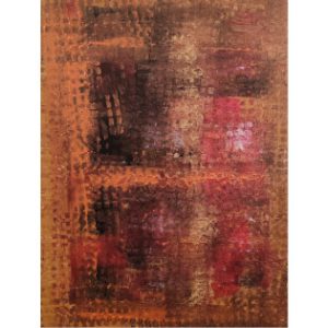 window of enslaved torments Abstract acrylic painting by Serj Éty’n featuring layered textures in burnt orange, deep brown, crimson, and glowing red tones. The composition resembles a distressed window frame revealing blurred shapes and emotional depth, symbolizing the lingering pain and trapped memories of enslaved torments.