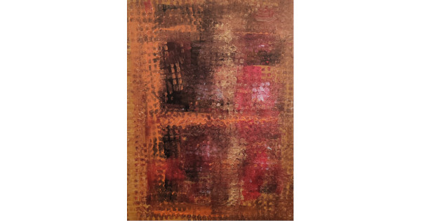 window of enslaved torments Abstract acrylic painting by Serj Éty’n featuring layered textures in burnt orange, deep brown, crimson, and glowing red tones. The composition resembles a distressed window frame revealing blurred shapes and emotional depth, symbolizing the lingering pain and trapped memories of enslaved torments.