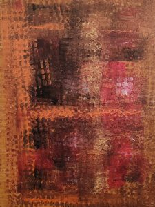 window of enslaved torments Abstract acrylic painting by Serj Éty’n featuring layered textures in burnt orange, deep brown, crimson, and glowing red tones. The composition resembles a distressed window frame revealing blurred shapes and emotional depth, symbolizing the lingering pain and trapped memories of enslaved torments.