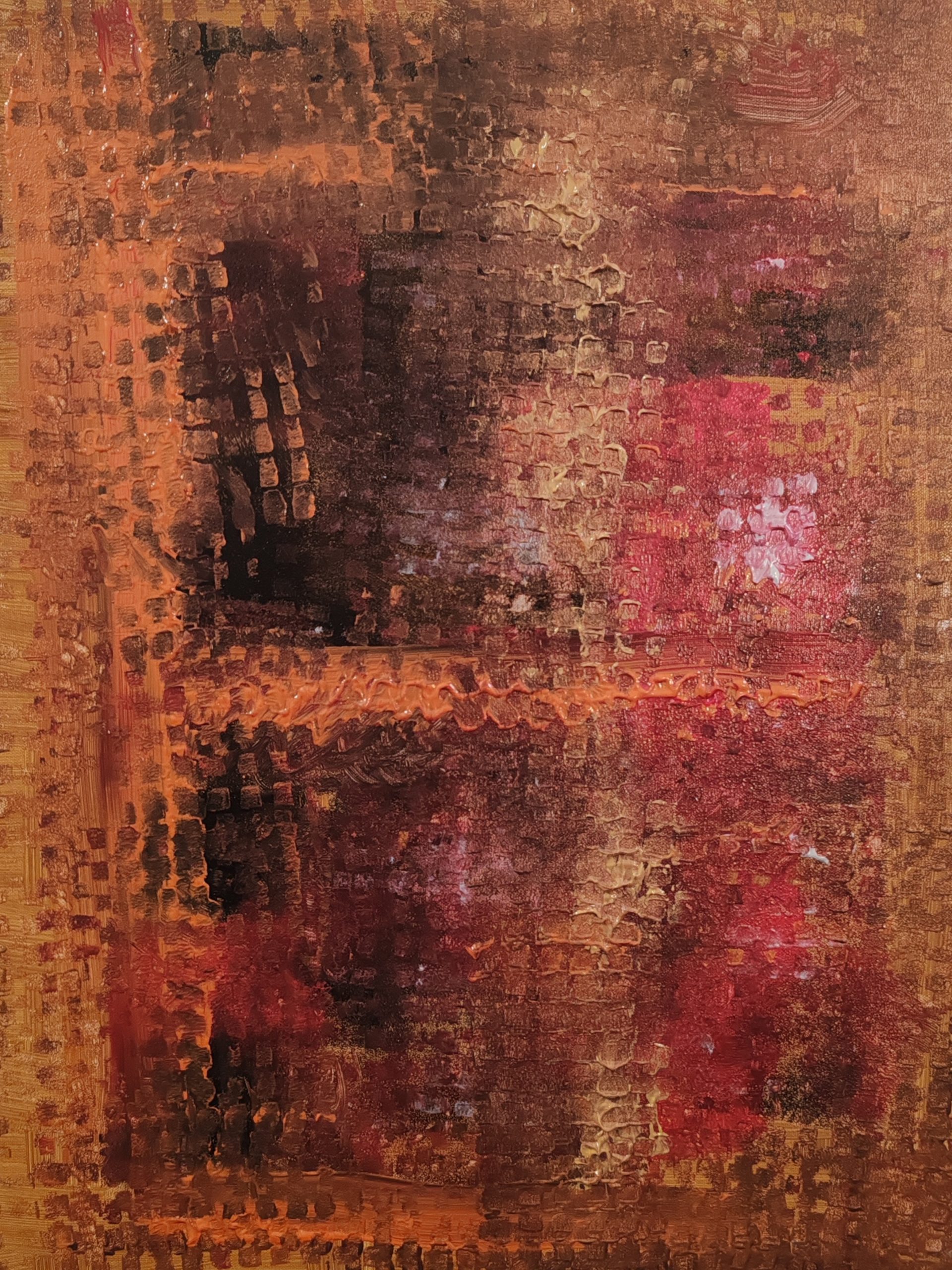 window of enslaved torments Abstract acrylic painting by Serj Éty’n featuring layered textures in burnt orange, deep brown, crimson, and glowing red tones. The composition resembles a distressed window frame revealing blurred shapes and emotional depth, symbolizing the lingering pain and trapped memories of enslaved torments.