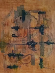 Abstract painting in earthy brown and black tones with textured brushstrokes, evoking stone and aged wood surfaces, titled ‘Blackwood Stone’, created by Serj Éty’n