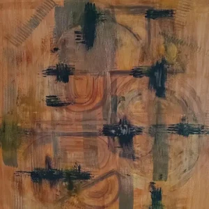 Abstract painting in earthy brown and black tones with textured brushstrokes, evoking stone and aged wood surfaces, titled ‘Blackwood Stone’, created by Serj Éty’n
