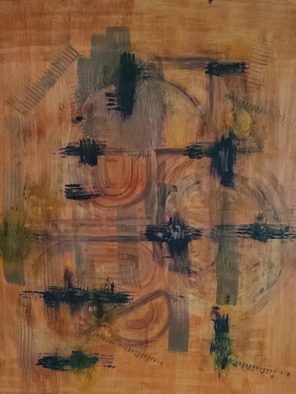 Abstract painting in earthy brown and black tones with textured brushstrokes, evoking stone and aged wood surfaces, titled ‘Blackwood Stone’, created by Serj Éty’n