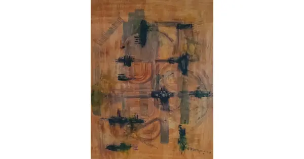 Abstract painting in earthy brown and black tones with textured brushstrokes, evoking stone and aged wood surfaces, titled ‘Blackwood Stone’, created by Serj Éty’n