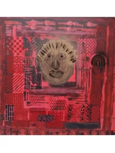 Freedom’s Price” — abstract expressionist painting featuring a human face emerging from layered red textures and geometric patterns, symbolizing struggle, memory, and the cost of freedom. Bold brushstrokes and tribal-inspired motifs evoke history, resistance, and emotional intensity. Created by Serj Éty'n