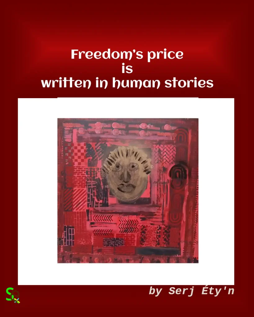 Digital artwork featuring an abstract painting by Serj Éty’n accompanied by an inspirational quote. The visual combines expressive textures, vivid colors, and symbolic forms, reflecting themes of resilience, identity, nature, and spiritual strength. The design includes the artist’s signature and text integrated into the composition.