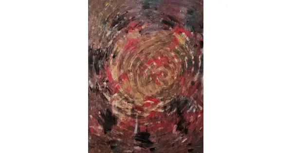 Abstract painting showing a swirling vortex of dark red, brown and gold tones, symbolizing emotional chaos and sorrow, titled ‘Maelstrom of Sorrows’, created by Serj Éty’n