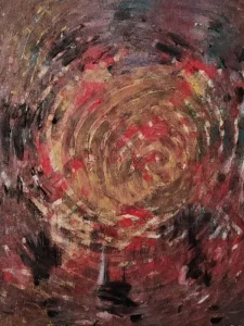Abstract painting showing a swirling vortex of dark red, brown and gold tones, symbolizing emotional chaos and sorrow, titled ‘Maelstrom of Sorrows’, created by Serj Éty’n