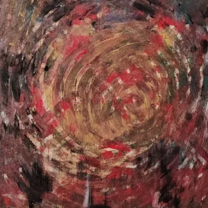 Abstract painting showing a swirling vortex of dark red, brown and gold tones, symbolizing emotional chaos and sorrow, titled ‘Maelstrom of Sorrows’, created by Serj Éty’n