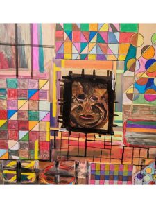 Abstract cubist painting featuring a central symbolic face framed in dark tones, surrounded by colorful geometric patterns and textured shapes, representing memory, ancestry, and reincarnation.