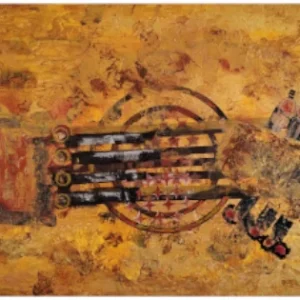 Digital artwork featuring an abstract painting by Serj Éty'n accompanied by an inspirational quote. The visual combines expressive textures, vivid colors, and symbolic forms, reflecting themes of resilience, identity, nature, and spiritual strength. The design includes the artist's signature and text integrated into the composition.