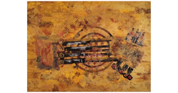 Digital artwork featuring an abstract painting by Serj Éty'n accompanied by an inspirational quote. The visual combines expressive textures, vivid colors, and symbolic forms, reflecting themes of resilience, identity, nature, and spiritual strength. The design includes the artist's signature and text integrated into the composition.