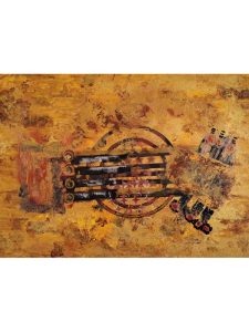 Digital artwork featuring an abstract painting by Serj Éty'n accompanied by an inspirational quote. The visual combines expressive textures, vivid colors, and symbolic forms, reflecting themes of resilience, identity, nature, and spiritual strength. The design includes the artist's signature and text integrated into the composition. 