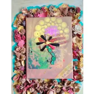Mixed-media artwork representing a symbolic flower, expressing the eternal beauty of nature through organic textures, vibrant colors, and a delicate balance between fragility and strength