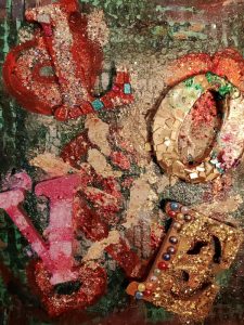 Mixed-media artwork spelling “I WILL ALWAYS” in bold textured letters, layered with red glitter, gold leaf fragments, mosaic pieces, beads, and thick acrylic textures over a deep green abstract background. The letters are sculptural, vibrant, and expressive, combining passion red, metallic gold, and pink tones.