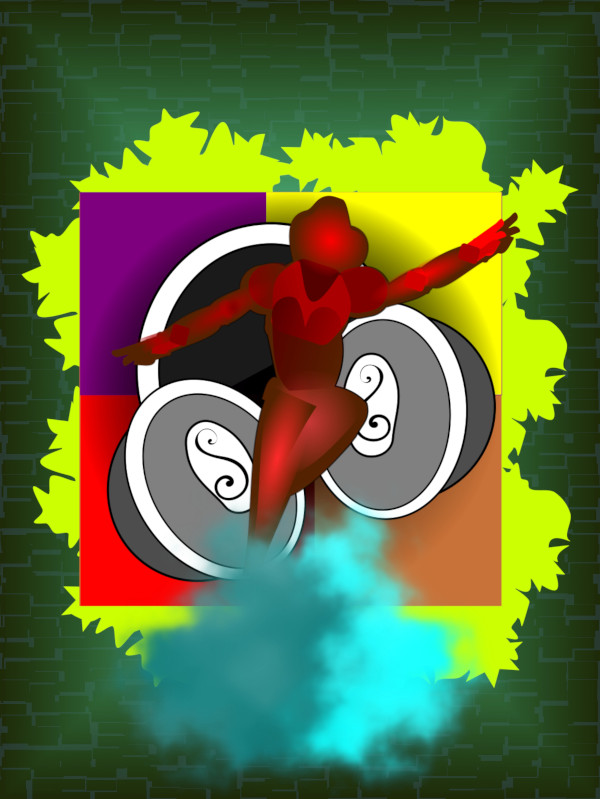 Abstract cubist illustration of a red human figure dancing dynamically, surrounded by vibrant geometric shapes, spiral forms, and neon colors symbolizing rhythm, movement, and energy.