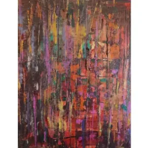 Abstract painting titled Tears of Overjoy, featuring layered vertical textures and dripping strokes in warm earthy tones of burnt orange, deep brown, gold, and subtle accents of purple and green, evoking intense emotion and joyful release.