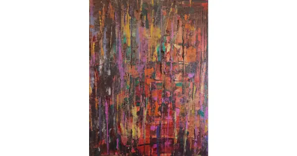 Abstract painting titled Tears of Overjoy, featuring layered vertical textures and dripping strokes in warm earthy tones of burnt orange, deep brown, gold, and subtle accents of purple and green, evoking intense emotion and joyful release.