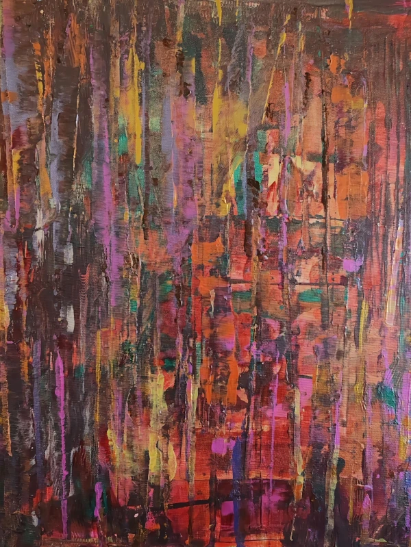 Abstract painting titled Tears of Overjoy, featuring layered vertical textures and dripping strokes in warm earthy tones of burnt orange, deep brown, gold, and subtle accents of purple and green, evoking intense emotion and joyful release.