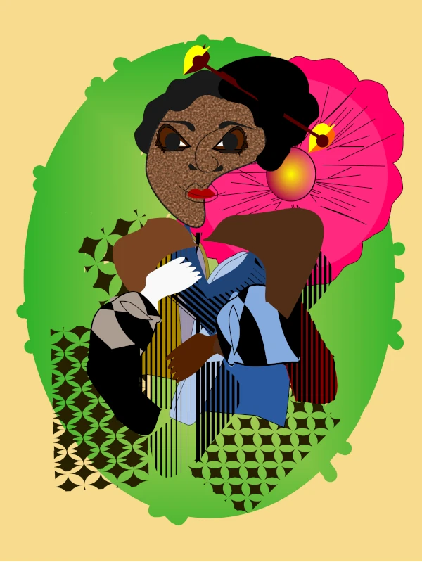 Afro-cubist digital artwork featuring a stylized female portrait with textured brown skin, geometric fragmented shapes, red lips, and patterned clothing, set against a radiant pink flower and green organic background. Contemporary Afro-inspired art by Serj Éty’n.
