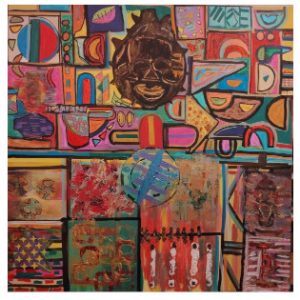 Colorful abstract cubist artwork featuring a central African-inspired mask surrounded by geometric shapes, symbolic forms, and expressive textured paint representing Afro-descendant ancestry and cultural identity.