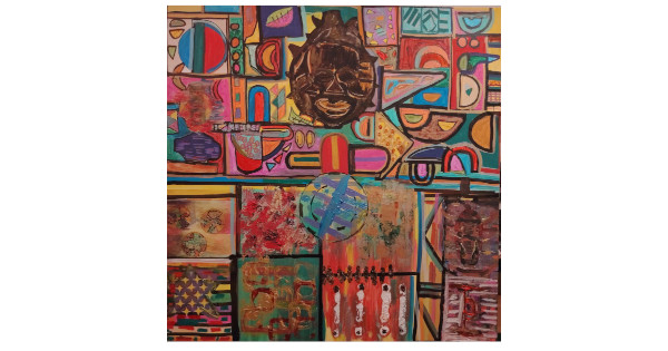 Colorful abstract cubist artwork featuring a central African-inspired mask surrounded by geometric shapes, symbolic forms, and expressive textured paint representing Afro-descendant ancestry and cultural identity.