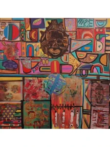 Colorful abstract cubist artwork featuring a central African-inspired mask surrounded by geometric shapes, symbolic forms, and expressive textured paint representing Afro-descendant ancestry and cultural identity.